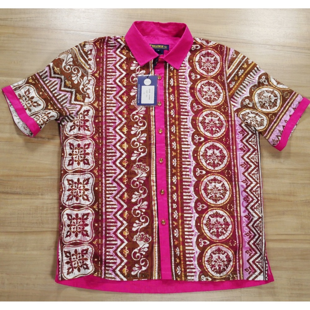Prestige Original Mens XL Pink Brown Linen Button Down Shirt LUX-560 Medallion‎